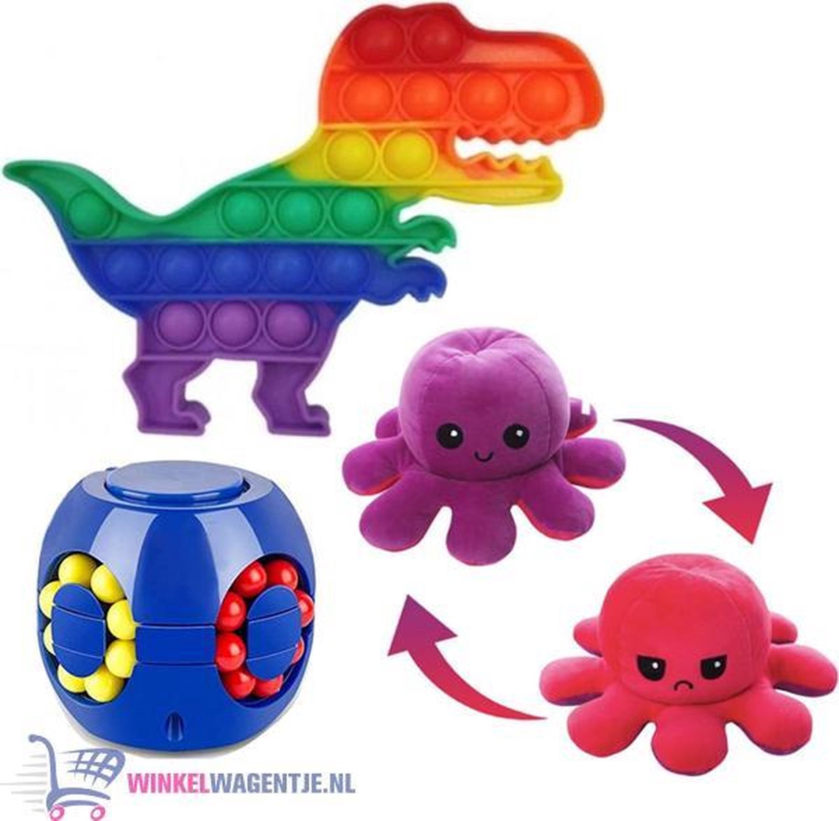 Pop It Fidget Toy Dinosaurus + Puzzle Ball + Octopus Mood Knuffel (Paars/Rood) | pop it fidget toy goedkoop, fidget toy, fidget toys pakket, fidget toys pop it, fidget toys stressbal, speelgoed voor kinderen, TikTok Rainbow